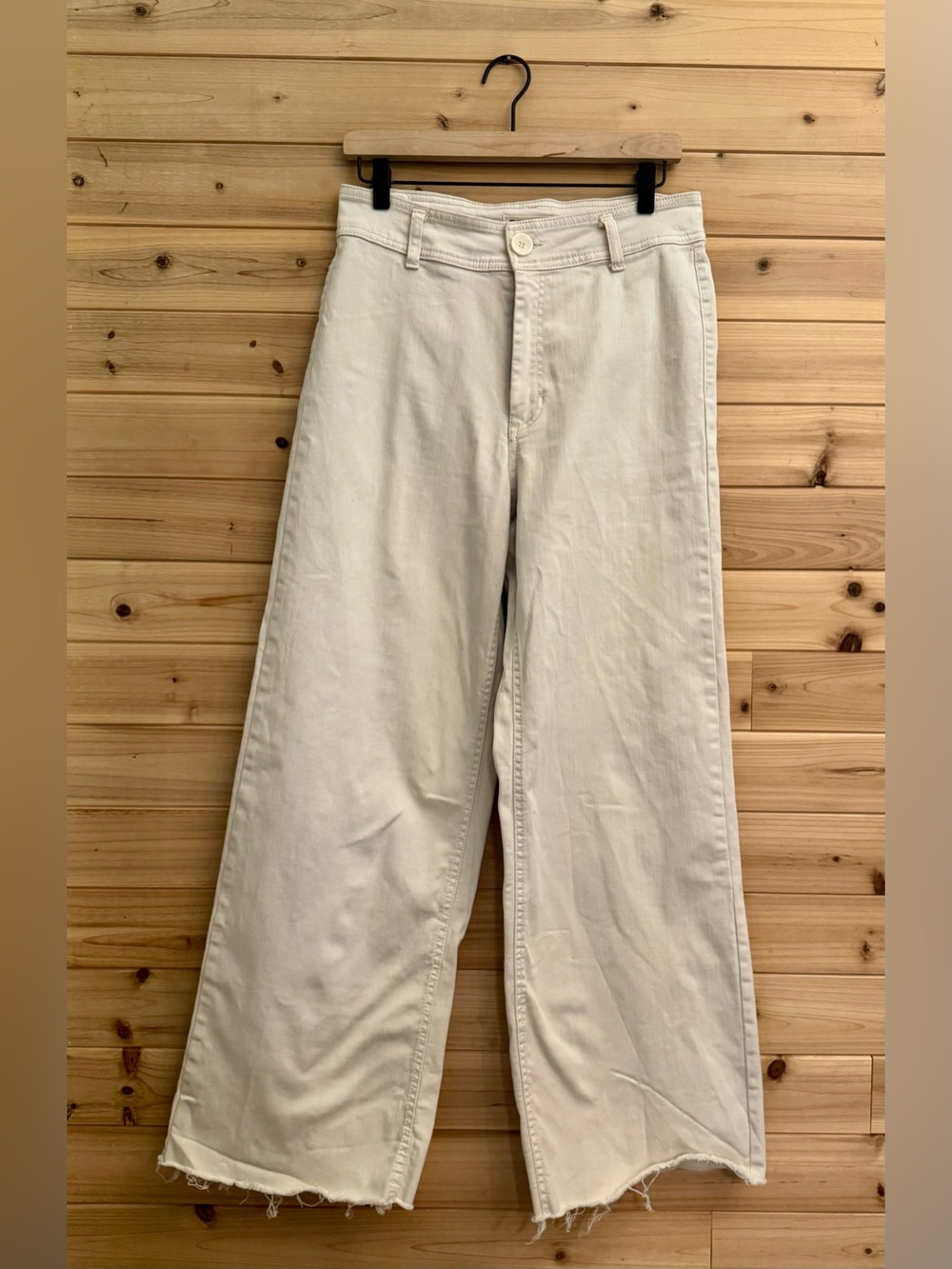 Oat 8/29 Cream High Rise Wide Leg Cotton Blend Pants Raw Edge Summer Casual